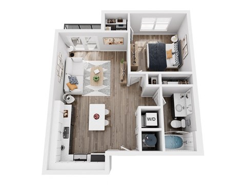 a stylized floor plan with a bedroom and living room